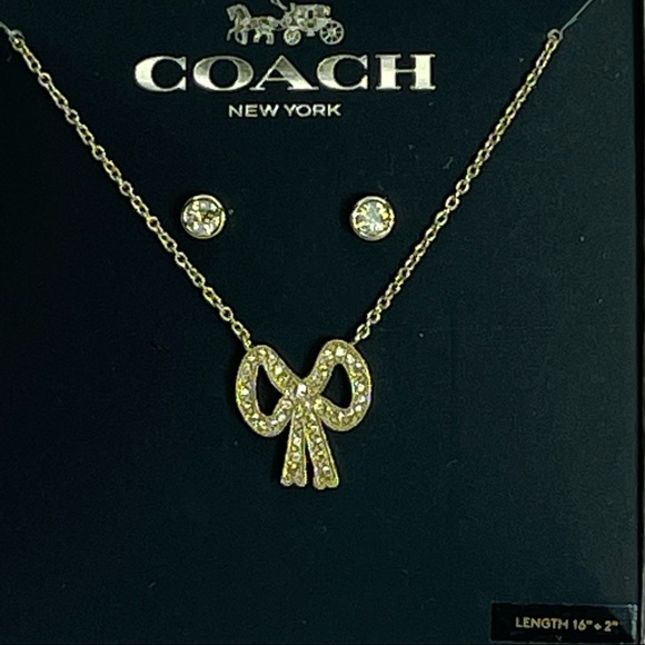 Coach New York Necklace Earrings Swarovski Crystal Ribbon Pendant - Picture 1 of 10